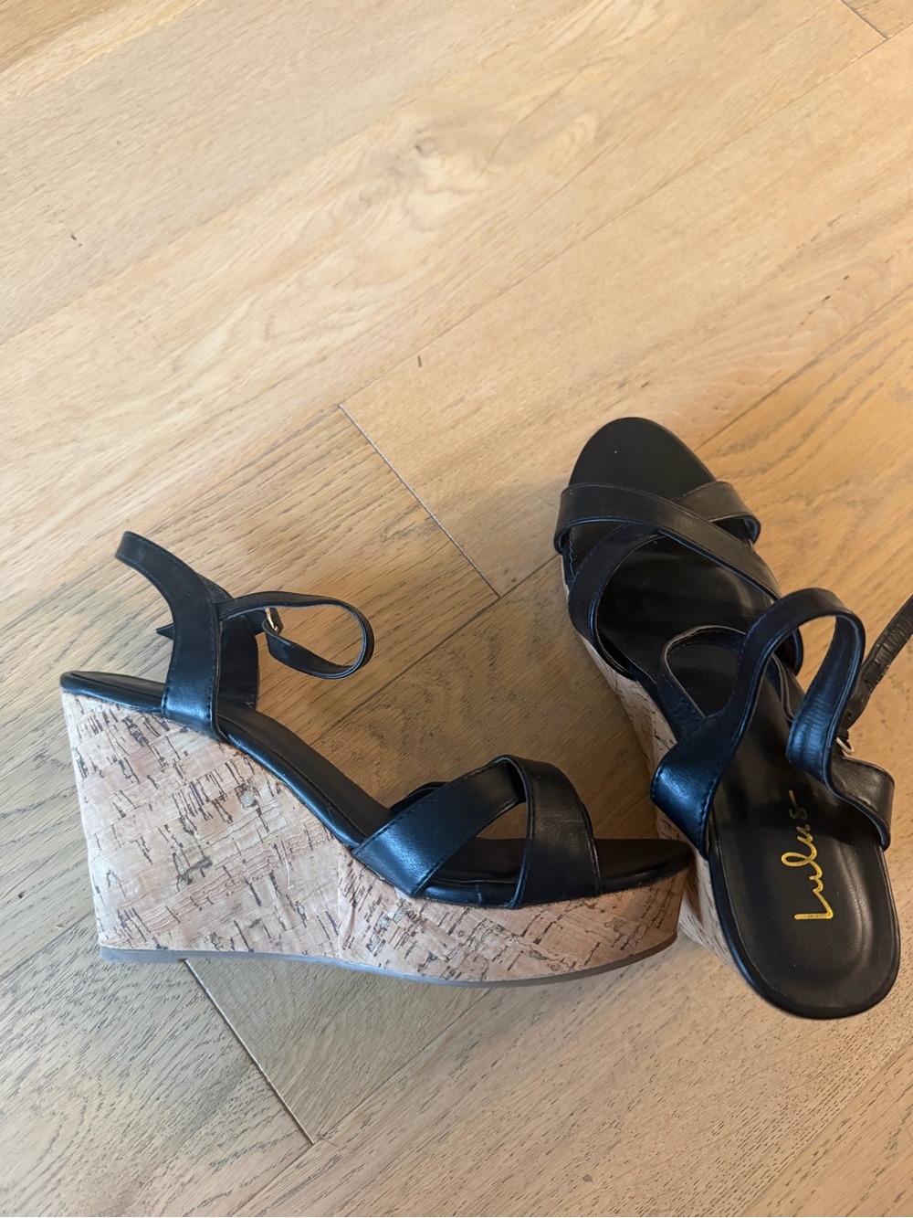 Lulu's Black Leather Cork Wedge Sandals